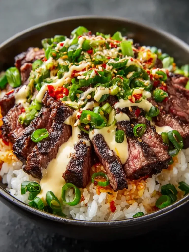 Korean BBQ Steak Rice Bowls with Spicy Cream Sauce First Image